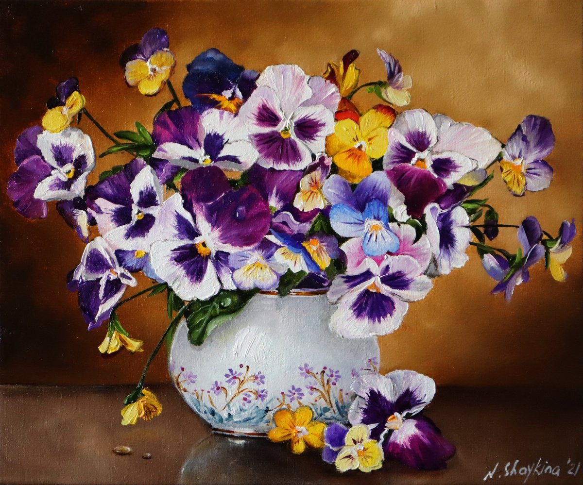 Photorealistic Botanical Oil Painting By Natalia Shaykina, 12 X 10", Pansies, Original Artwork