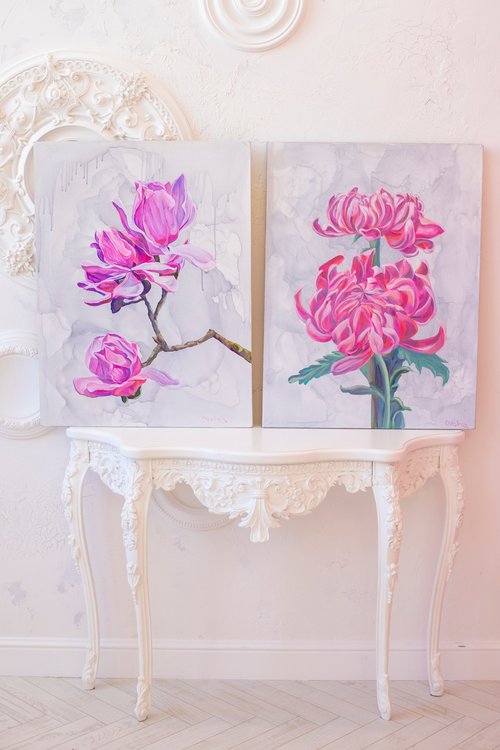 Diptych Pink Flowers by Olga Volna