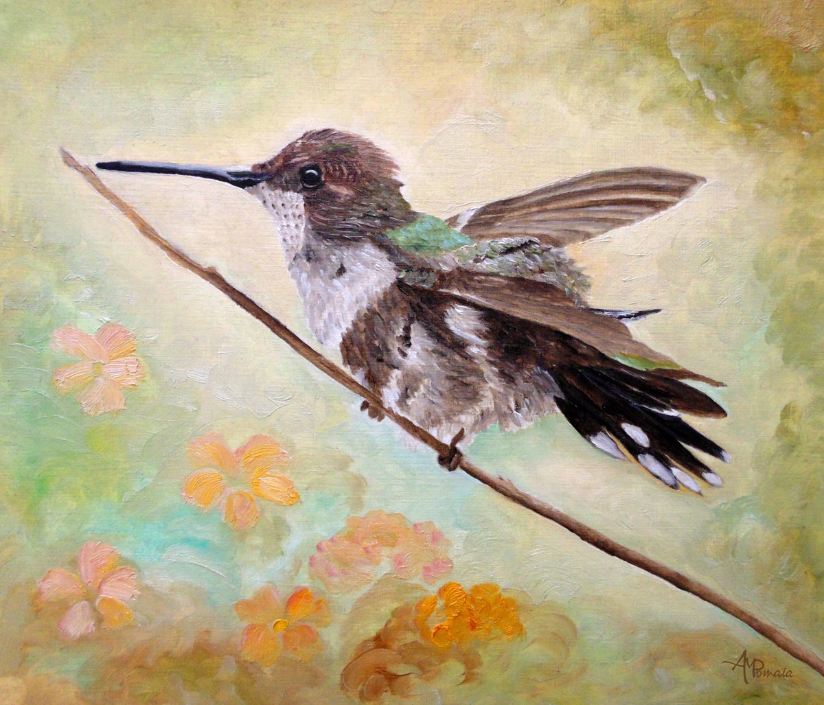 Impressionistic Animal Oil Painting By Angeles M. Pomata, 11 X 10, Adjusting The Flaps, Original Artwork