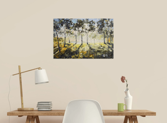 Sunny forest Original oil painting. Medium size green nature sunset trees impression impressionism yellow warm tones decor interior