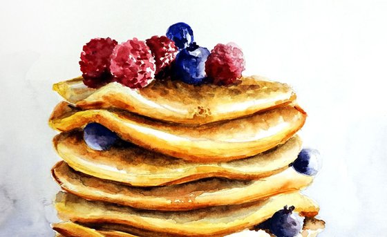 Pancakes ORIGINAL Watercolor Painting, Aquarelle Food Art