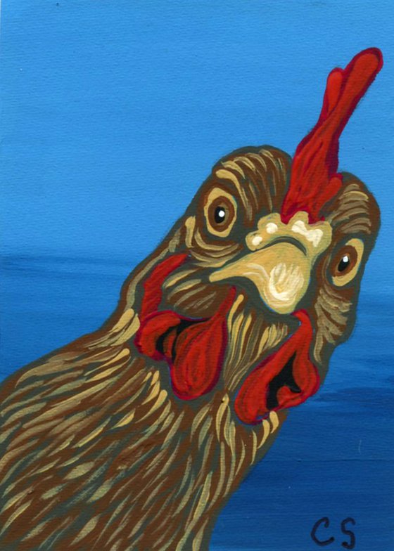 ACEO ATC Original Miniature Painting Brown Chicken Farmyard Art-Carla Smale