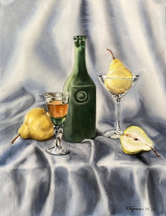 Pears wine, watercolour painting