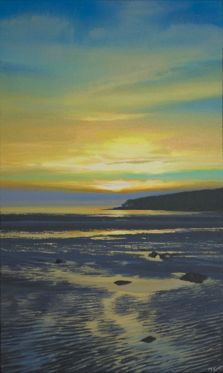 Expressive Landscape Acrylic Painting By Kevan Mcginty, 21 X 33", Golden Dawn, Original Artwork