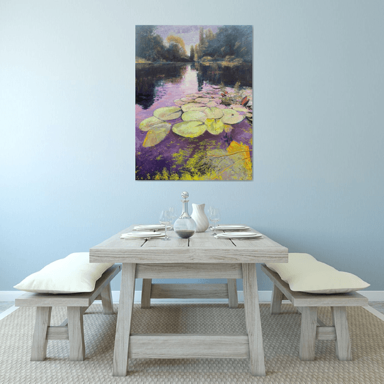 'Water Lilies III' Impressionistic Impasto Large Oil painting