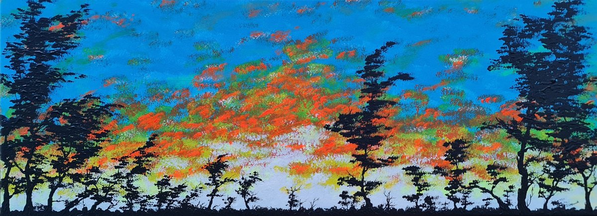 Impressionistic Landscape Acrylic Painting By Daniel Urbani?k, 31 X 12, Yellow Sunset 2, Original Artwork