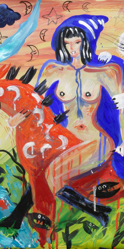 Woman nude. A girl on a horse with a white cat. Gouache sketch by Anna Onikiienko