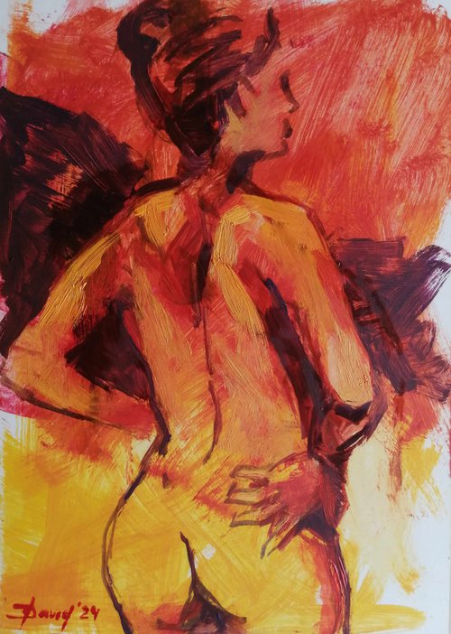 Nude yellow study women oil on paper by Olga David