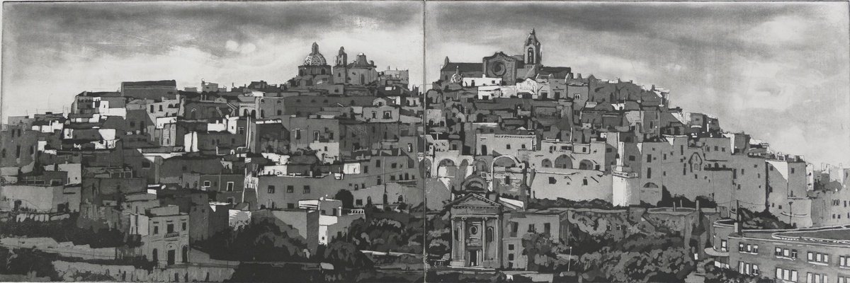 Illustrative Cityscapes Etchings & Engravings By Peg Morris, 26 X 11", Ostuni, Original Artwork