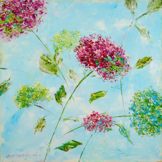 SPRING HAPPINESS - Hydrangeas. Lovely flowers. Soaring. Blue haze. Light abstraction. Pink. Dance. Flight.