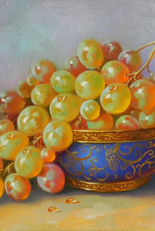 "Still Life with white grapes " Oil on canvas Original art Kitchen decor by Tetiana Novikova