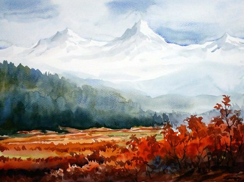 Flowers Garden & Himalayan Snow Peaks - Watercolor on Paper by Samiran Sarkar