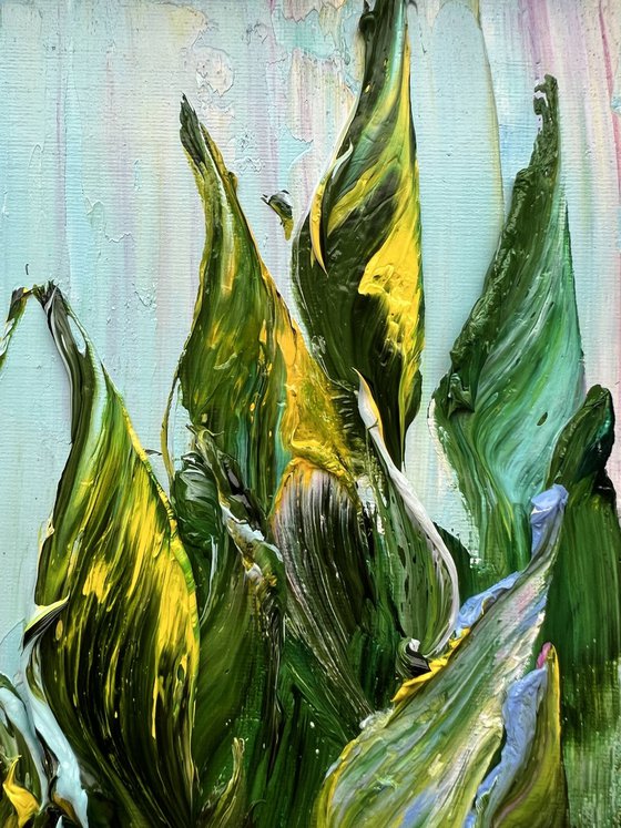 GREEN LEAVES - Small Art. Mini Art.  Impasto Original Art