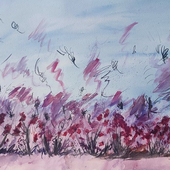 Fleurs rouges dans le vent - Watercolour