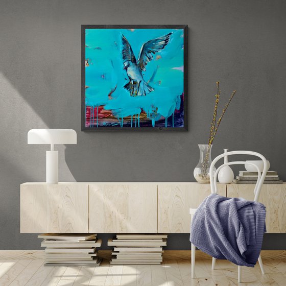 Bright painting - "Flying seagull" - Pop Art - Bird - Sea - Ocean - Sunset