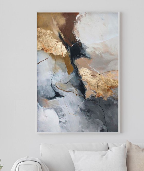 "Wild 2" Grey gold  brown abstract acrylic