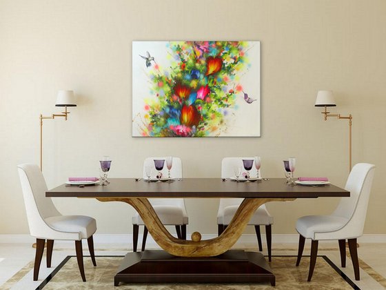 Flowers and Hummingbirds, Large Painting