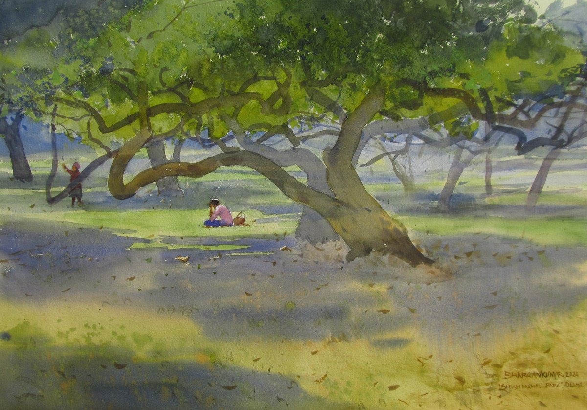 Impressionistic Landscape Watercolour By Bhargavkumar Kulkarni, 17 X 12, Parks Of Delhi, Original Artwork