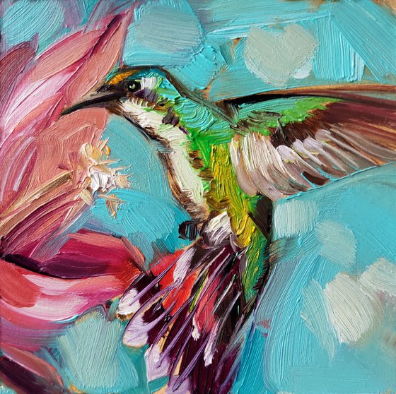 Hummingbird artwork framed oil painting original 4x4, Turquoise red flower small art frame bird lover gift, Housewarming Host gift thank you