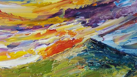 The sky burns as the Sunsets - a semi abstract impasto Landscape