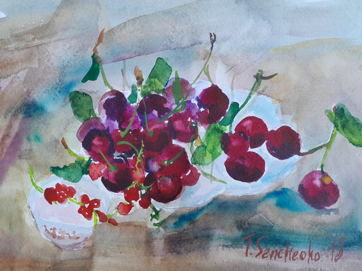 Impressionistic Watercolour , Cherries On The Table By Tanya Sun, 12 X 8, Artwork For Sale On Artfinder