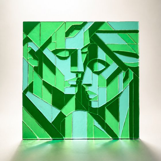 Green Lovers, Fused Glass Portrait