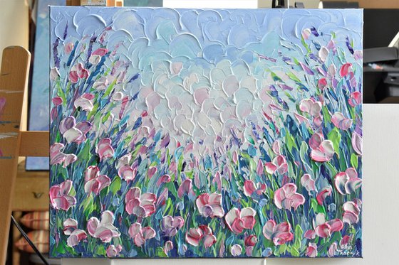 Pink flower field 16"x20" - Impasto acrylic painting
