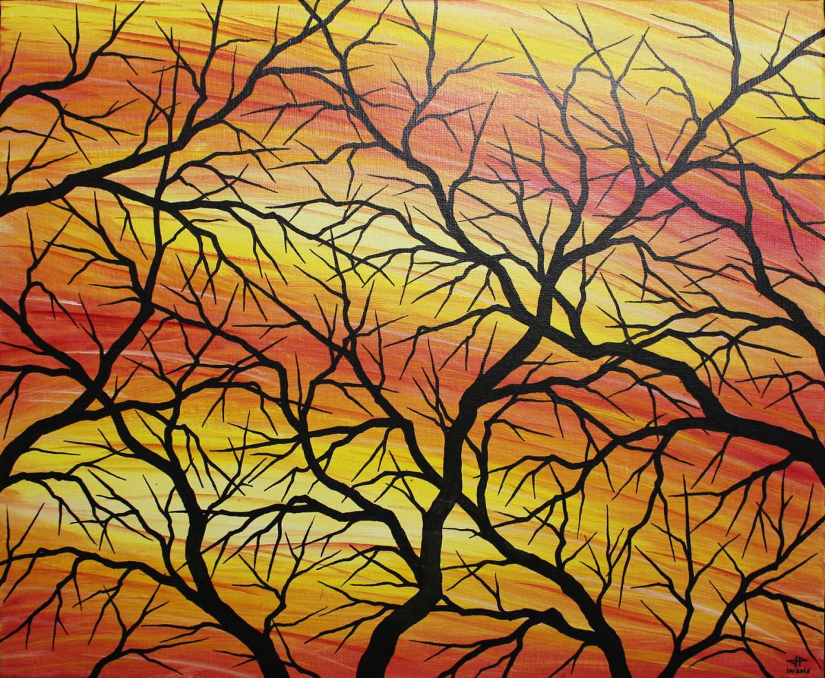 Abstract Botanical Acrylic Painting By Jonathan Pradillon, 18 X 15, Silhouettes Of Branches, Original Artwork