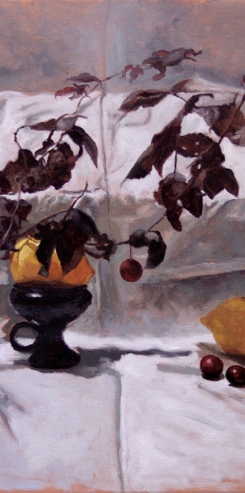 Composition with two lemons and a plum twig by Radosveta Zhelyazkova