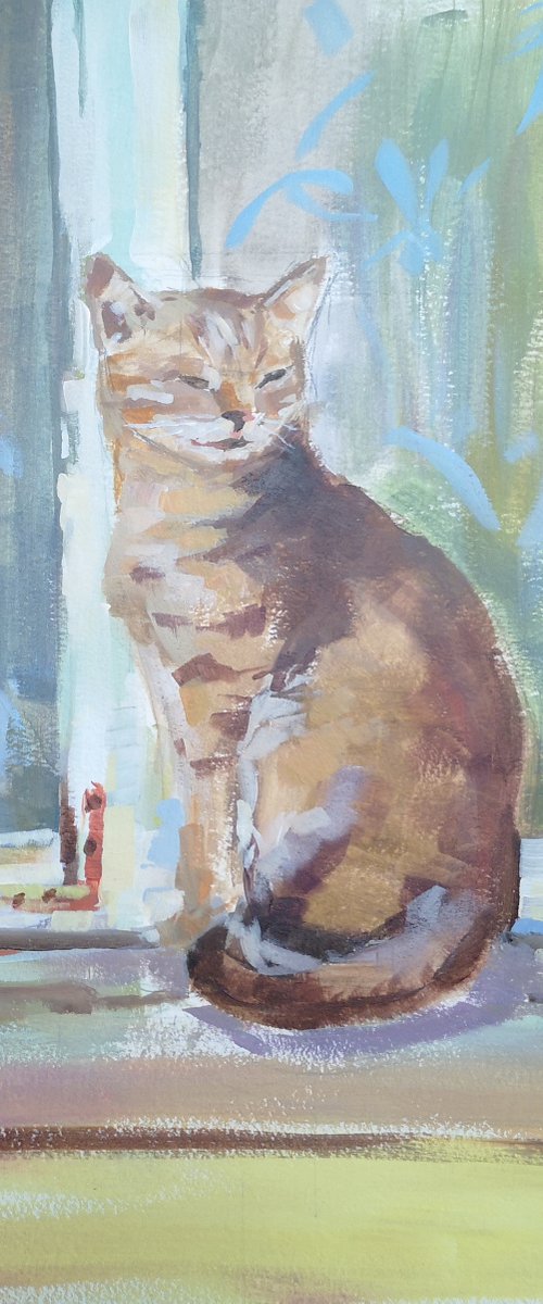 "Cat by the window" (acrylic on paper painting) (11x15×0.1'') by Alexander Koltakov