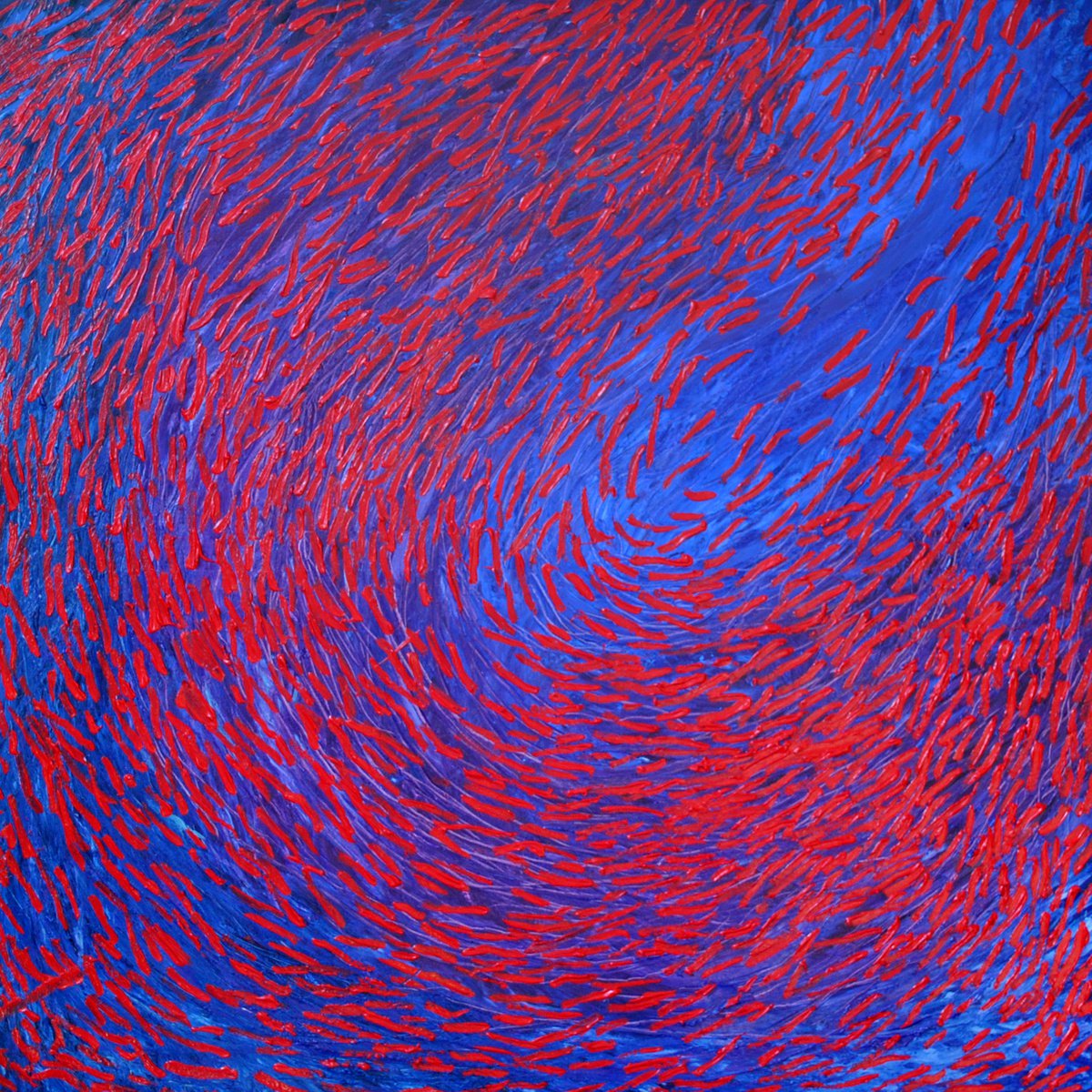 Organic Abstract Oil Painting By Dominic Virtosu, 43 X 43, Red On Blue Direction, Original Artwork