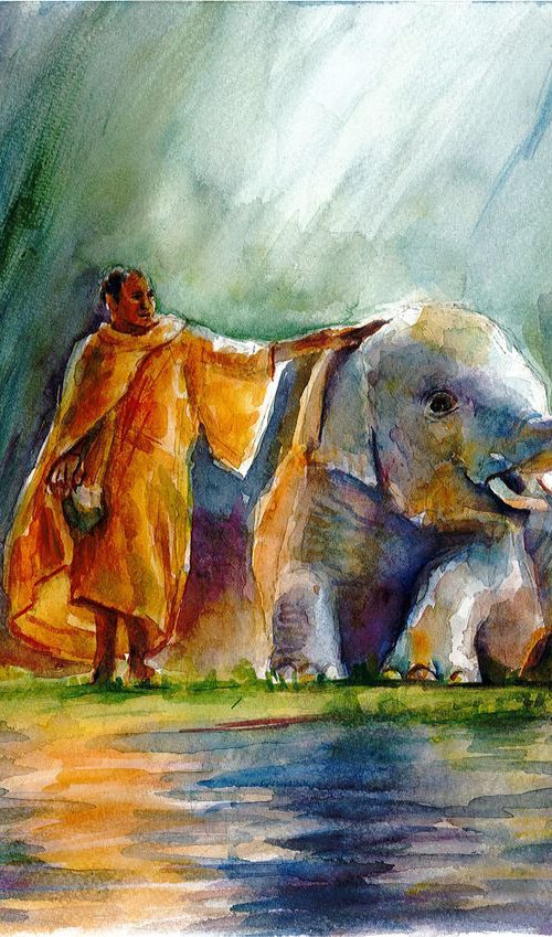 Buddhist monk and Elephant, Asia, The Caress by Bozhidara Mircheva