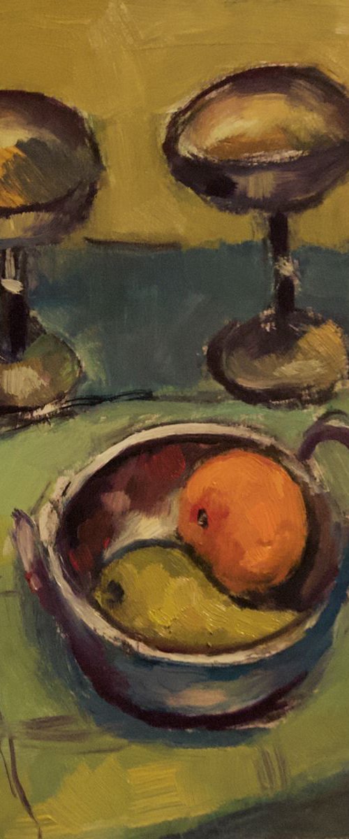 Silver Cups and Fruit on Green Cloth by Andre Pallat