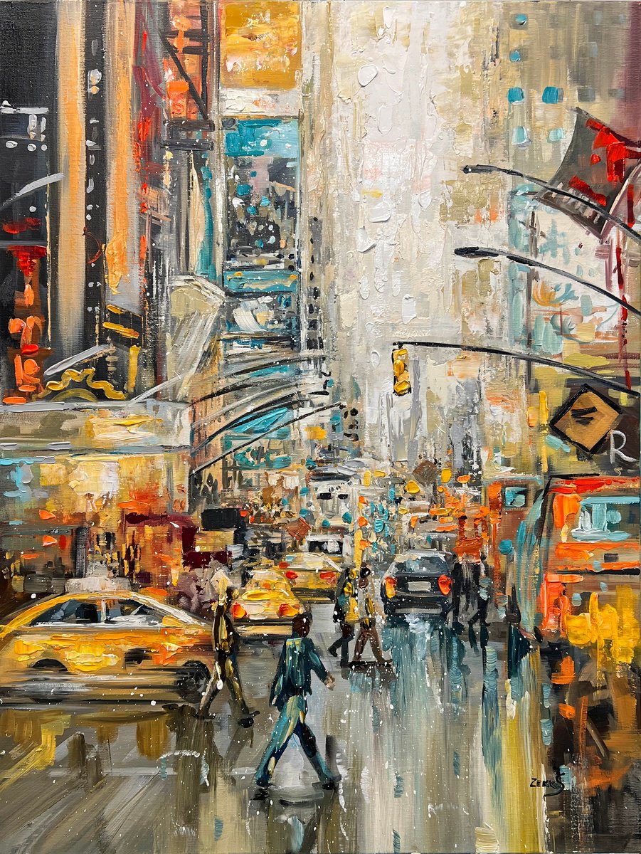 Taxi Cab - Rainy day - Cityscape Painting, Painting of urban streets in rainy days, Modern... by Sandra Zekk