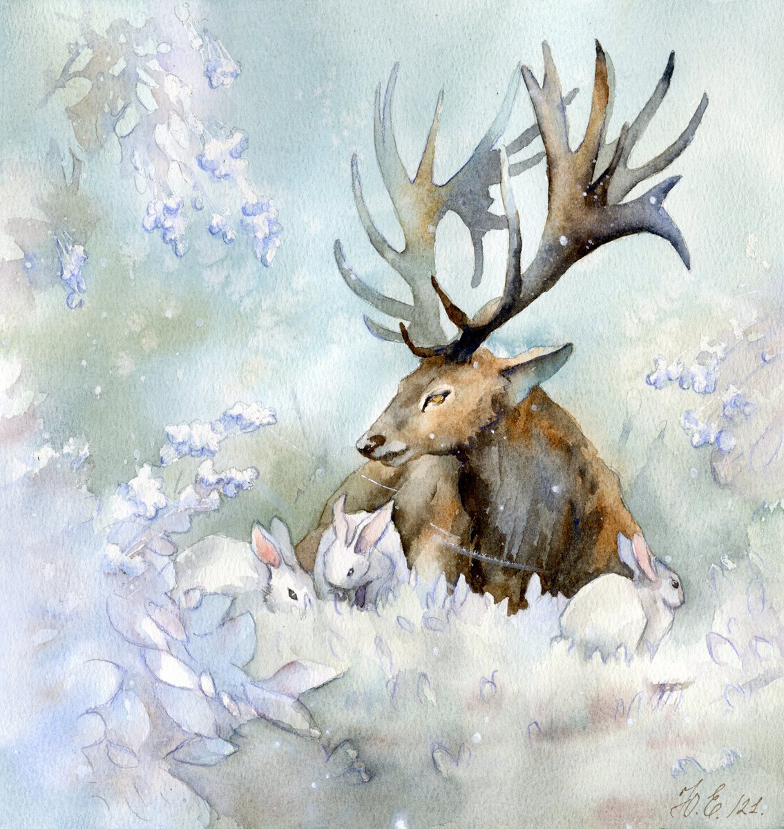 Deer and rabbits, Snow company in Christmas forest by Yulia Evsyukova