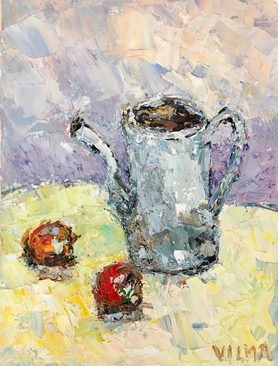 Still life with teapot and two apples