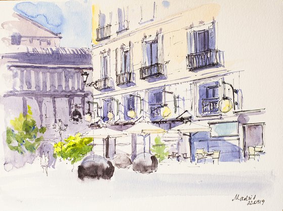 Madrid. Opera. Street sketch. Urban watercolor landscape stude artwork small city landscape spain gift idea interior