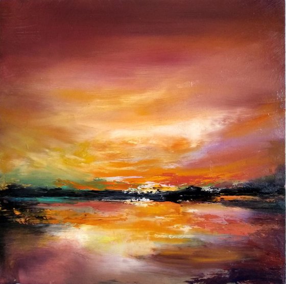 Golden glow.. 14”x14” red yellow contemporary landscape