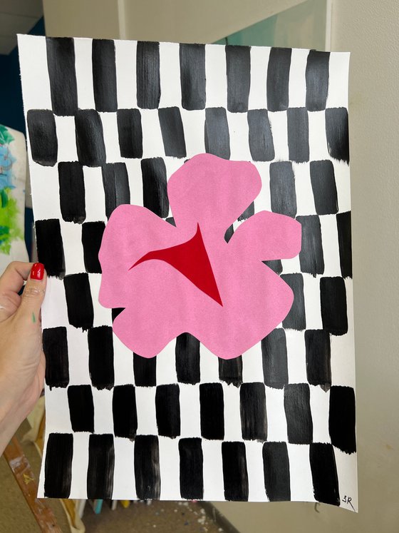 Pink Flower on Checkerboard