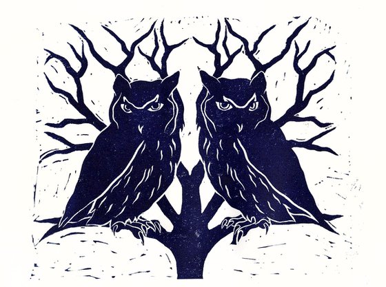 Owl lino print, printmaking, Prussian blue, trees, winter