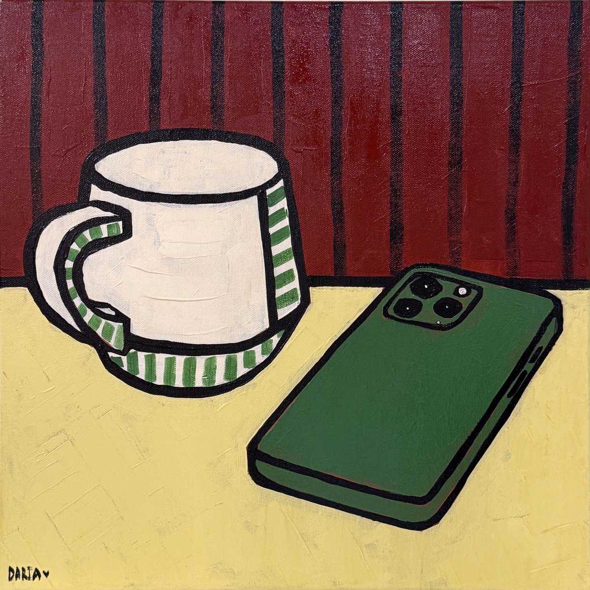 Naive Acrylic Painting , Still Life With Mug And Phone By Daria Baklykova, 16 X 16, Artwork For Sale On Artfinder