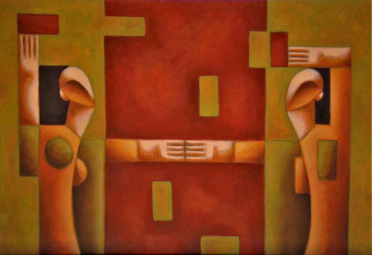 Geometric Portrait Oil Painting By Malasits Zsolt, 31 X 22", Tower Of Life, Original Artwork