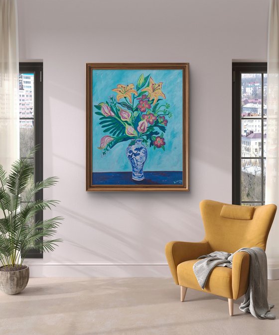 Tropical Bouquet in a Blue and White Vase