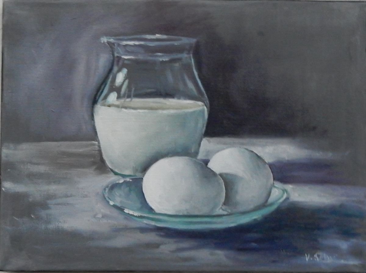 Eggs and milk jug .Still life. 30x40cm by Vita Schagen