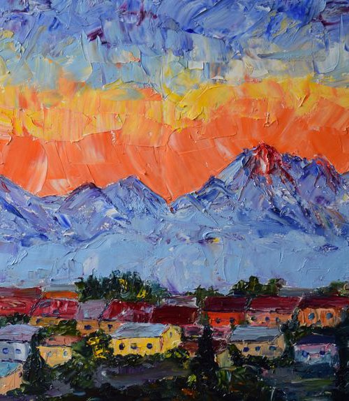 Original large oil painting Sunset in mountains High Tatras, Slovakia by Kate Grishakova