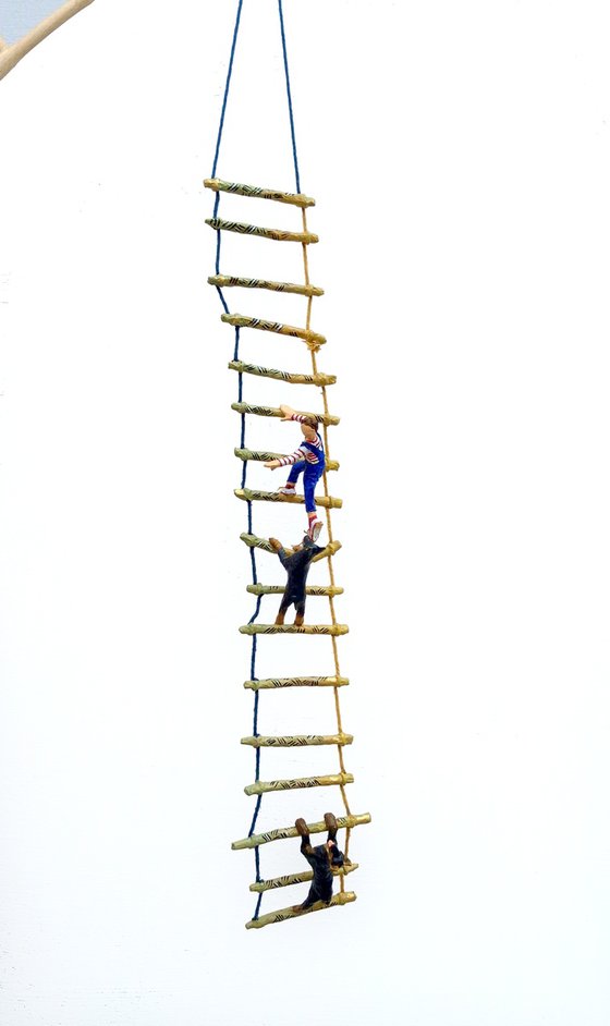 Two Dobermans on ladder