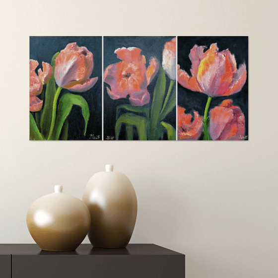 Coral Tulips Triptych