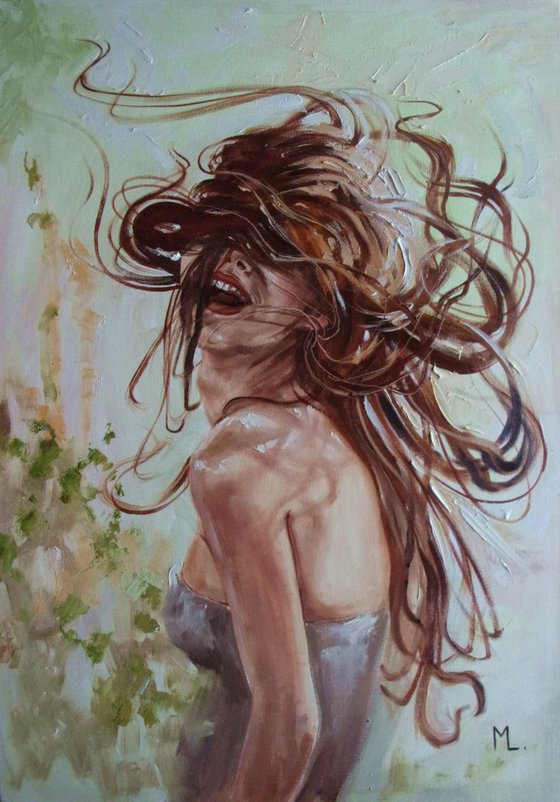 " AUTUMN SHADOWS "- happyness smile WIND HAIR ORIGINAL OIL PAINTING, GIFT,