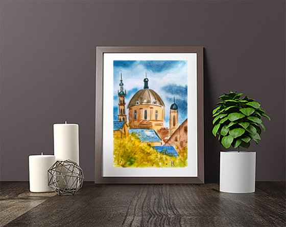 Lviv Painting Cityscape Original Art Ukraine Small Watercolor Artwork Home Wall Art 8 by 12" by Halyna Kirichenko