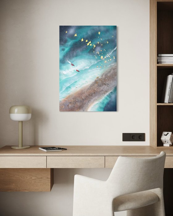 Teal Texture seascape with stingrays  1 90x60